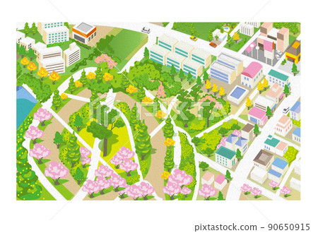 Oil-style embossing. Beautiful cityscape and living scenery. Creating a city where people can live brightly and the nature and housing blend together. 90650915