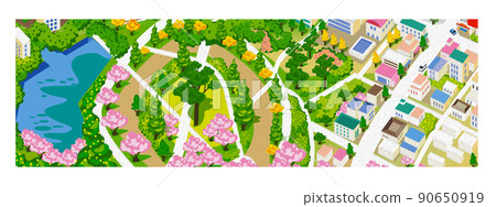 Oil-style embossing. Beautiful cityscape and living scenery. Creating a city where people can live brightly and the nature and housing blend together. 90650919