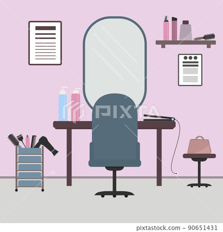 Beauty salon interior flat vector illustration. Workplace of the hairdresser. Hairdressing tools. Beauty accessories for haircare. 90651431