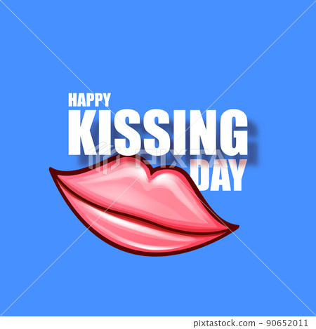 Happy kissing day greeting card or banner with cartoon glossy red lips isolated on blue background. Kiss day concept illustration with sexy smiling woman mouth icon 90652011