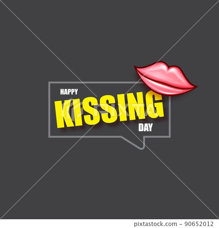 Happy kissing day greeting card or banner with cartoon glossy red lips isolated on grey background. Kiss day concept illustration with sexy smiling woman mouth icon Happy kissing day greeting card or banner with cartoon glossy red lips isolated on grey background. Kiss day concept illustration with sexy smiling woman mouth icon 90652012