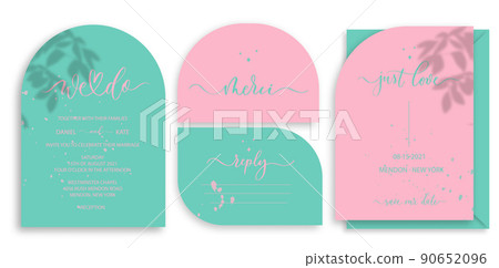 Modern arch wedding invitation template, arch shape with tropical leaf shadow and trend color pink and turquoise. 90652096