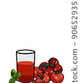 glass of juice. Illustration of tomato juicetomato juice, ripe tomatoes and basil. Banner with tomato juice. Place to copy. 90652935