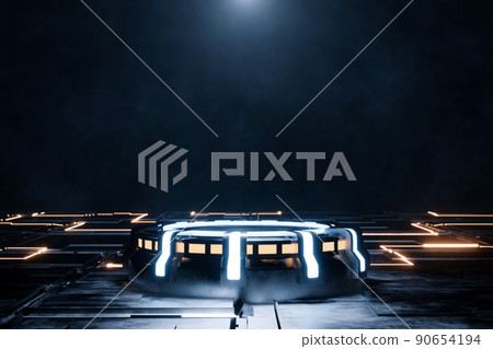 3d rendering sci-fi empty podium with yellow and light blue neon light for product display. 3d rendering sci-fi empty podium with yellow and light blue neon light for product display. 90654194