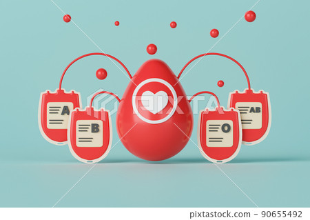 3d rendering concept blood donation and transfusion medicine illustration. ABO blood group in blood bag on light blue background. 3d rendering concept blood donation and transfusion medicine illustration. ABO blood group in blood bag on light blue background. 90655492