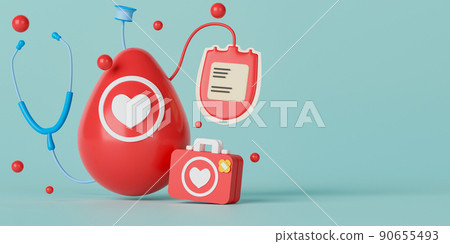 3d rendering concept blood donation illustration with copy space for text or message. Drop of blood with stethoscope, first aid kit box and blood bag. 3d rendering concept blood donation illustration with copy space for text or message. Drop of blood with stethoscope, first aid kit box and blood bag. 90655493