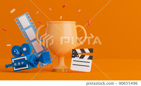 3d rendering concept award for movie illustration. Trophy with filmstrip, cinema camera and movie slate on orange background. 3d rendering concept award for movie illustration. Trophy with filmstrip, cinema camera and movie slate on orange background. 90655496