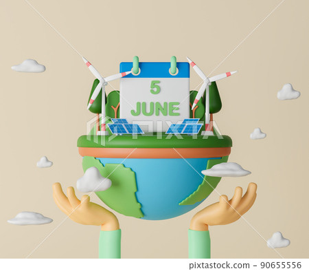 3d rendering world environment day illustration. Concept renewable energy and sustainable resource consist of wind energy and solar energy with calendar on planet earth. 3d rendering world environment day illustration. Concept renewable energy and sustainable resource consist of wind energy and solar energy with calendar on planet earth. 90655556