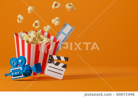 3d rendering popcorn, clapperboard, film strip and movie camera on orange background with copy space for text or message. 90655946
