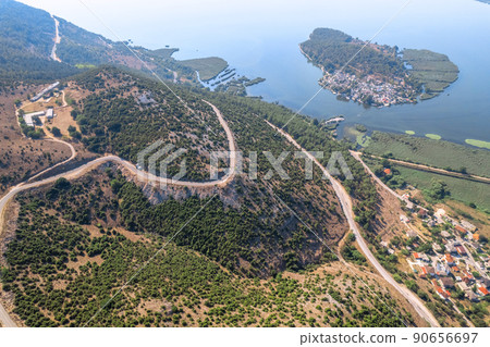Meandering serpentine road in the mountain. Aerial view. Copter, drone view 90656697