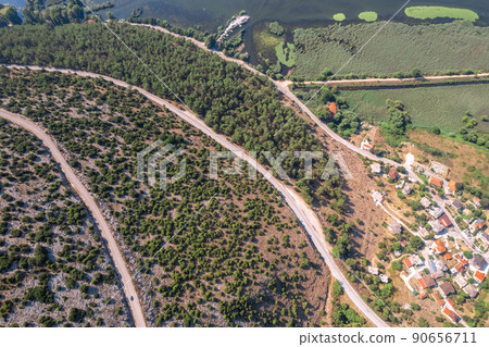 Meandering serpentine road in the mountain. Aerial view. Copter, drone view 90656711