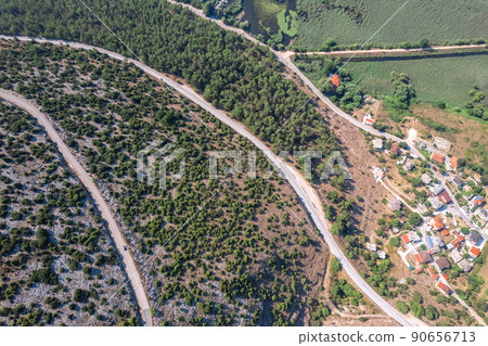 Meandering serpentine road in the mountain. Aerial view. Copter, drone view 90656713