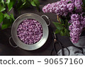 Lilac petals on plate 90657160