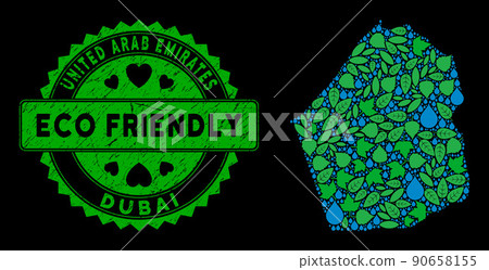 Vector Eco Green Composition Dubai Emirate Map and ECO FRIENDLY Scratched Stamp Vector Eco Green Composition Dubai Emirate Map and ECO FRIENDLY Scratched Stamp 90658155