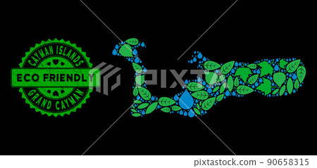 Vector Eco Green Composition Grand Cayman Island Map and ECO FRIENDLY Grunge Stamp Seal 90658315