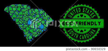 Vector Eco Green Collage South Carolina State Map and ECO FRIENDLY Grunge Stamp Seal 90658329