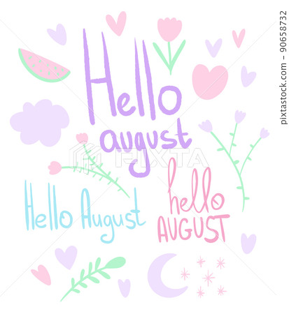 Vector illustration card with inscription Hello august. Hand drawn design. Concept image poster for wall art prints, mock up. Vector illustration card with inscription Hello august. Hand drawn design. Concept image poster for wall art prints, mock up. 90658732