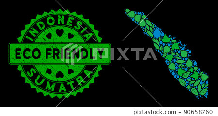 Vector Eco Green Collage Sumatra Island Map and ECO FRIENDLY Dirty Stamp Vector Eco Green Collage Sumatra Island Map and ECO FRIENDLY Dirty Stamp 90658760