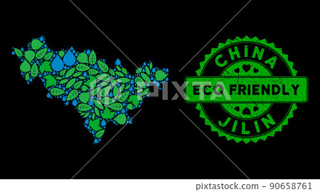 Vector Eco Green Collage Jilin Province Map and ECO FRIENDLY Dirty Seal Vector Eco Green Collage Jilin Province Map and ECO FRIENDLY Dirty Seal 90658761
