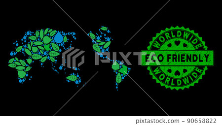 Vector Eco Green Composition Worldwide Map and ECO FRIENDLY Grunge Stamp Seal 90658822