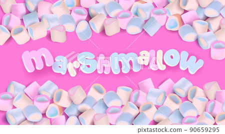 Realistic multi-colored marshmallow on pink background with 3D sign. Colorful blue and pink marshmallows, editable Vector ilustration. Realistic multi-colored marshmallow on pink background with 3D sign. Colorful blue and pink marshmallows, editable Vector ilustration. 90659295
