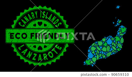 Vector Eco Green Collage Lanzarote Islands Map and ECO FRIENDLY Dirty Stamp 90659310