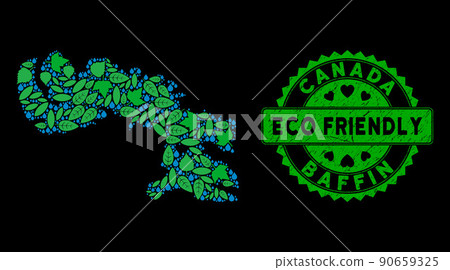Vector Eco Green Mosaic Baffin Island Map and ECO FRIENDLY Grunge Stamp 90659325