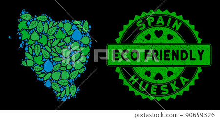 Vector Eco Green Mosaic Hueska Province Map and ECO FRIENDLY Dirty Seal 90659326