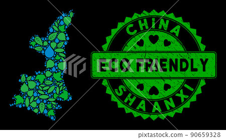 Vector Eco Green Collage Shaanxi Province Map and ECO FRIENDLY Grungy Stamp Seal 90659328