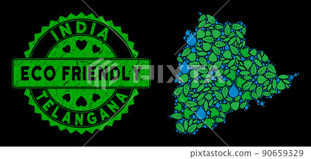 Vector Eco Green Mosaic Telangana State Map and ECO FRIENDLY Grunge Stamp Seal Vector Eco Green Mosaic Telangana State Map and ECO FRIENDLY Grunge Stamp Seal 90659329