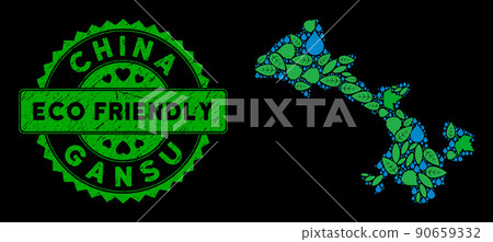 Vector Eco Green Composition Gansu Province Map and ECO FRIENDLY Distress Stamp Seal Vector Eco Green Composition Gansu Province Map and ECO FRIENDLY Distress Stamp Seal 90659332