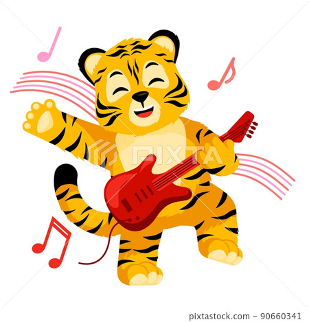Little Tiger playing on electric guitar isolated. Cute character cartoon striped tiger musican. 90660341
