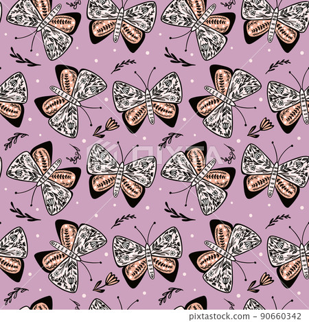 Butterflies seamless pattern in folk style. Hand drawn butterfly and flowers endless wallpaper. Cute flying insect print. Animal folklore motif. 90660342