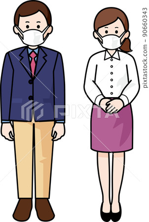 戴著口罩，穿著便服站立的男女 90660343