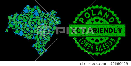 Vector Eco Green Collage Lower Silesian Voivodeship Map and ECO FRIENDLY Distress Stamp Vector Eco Green Collage Lower Silesian Voivodeship Map and ECO FRIENDLY Distress Stamp 90660409