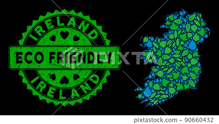 Vector Eco Green Composition Ireland Island Map and ECO FRIENDLY Distress Seal 90660432