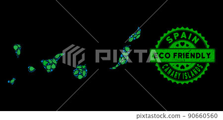 Vector Eco Green Mosaic Canarian Spain Islands Map and ECO FRIENDLY Distress Stamp Vector Eco Green Mosaic Canarian Spain Islands Map and ECO FRIENDLY Distress Stamp 90660560