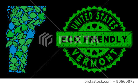 Vector Eco Green Collage Vermont State Map and ECO FRIENDLY Grungy Stamp Seal 90660872