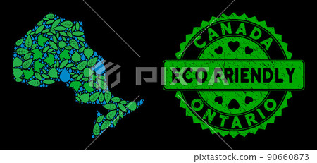 Vector Eco Green Collage Ontario Province Map and ECO FRIENDLY Grunge Stamp 90660873