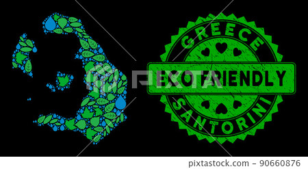 Vector Eco Green Mosaic Santorini Island Map and ECO FRIENDLY Grungy Seal Vector Eco Green Mosaic Santorini Island Map and ECO FRIENDLY Grungy Seal 90660876