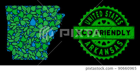 Vector Eco Green Composition Arkansas State Map and ECO FRIENDLY Dirty Stamp Vector Eco Green Composition Arkansas State Map and ECO FRIENDLY Dirty Stamp 90660965