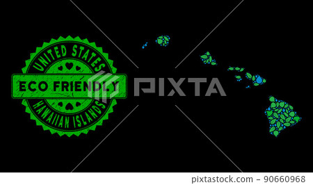 Vector Eco Green Mosaic Hawaiian Islands Map and ECO FRIENDLY Distress Stamp 90660968