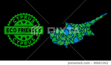 Vector Eco Green Collage Cyprus Island Map and ECO FRIENDLY Dirty Stamp 90661002