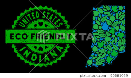 Vector Eco Green Composition Indiana State Map and ECO FRIENDLY Distress Stamp 90661039