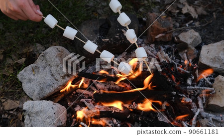 Camping and picnic concept. Close up of people frying marshmallow on fire in forest 90661181