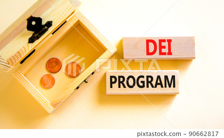 DEI diversity equity inclusion program symbol. Blocks with words DEI program on beautiful white background. Chest with coins. Business DEI diversity equity inclusion program concept. Copy space. 90662817