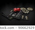 3d Rendering of casino gold chips and black play cards with bank card. clipping path included 90662929
