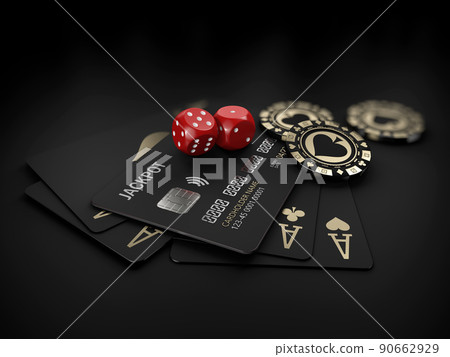 3d Rendering of casino gold chips and black play cards with bank card. clipping path included 3d Rendering of casino gold chips and black play cards with bank card. clipping path included 90662929