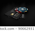 3d Rendering of casino gold chips and black play cards with bank card 90662931