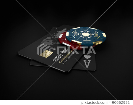 3d Rendering of casino gold chips and black play cards with bank card 3d Rendering of casino gold chips and black play cards with bank card 90662931